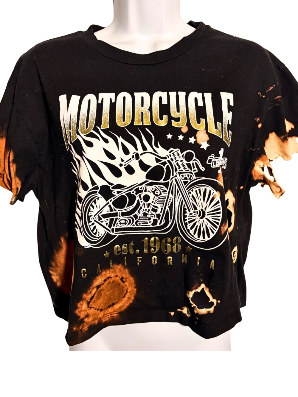 Black Cropped TShirt Distressed Bleached Flame Motorcycle Graphic Bikercore SZM